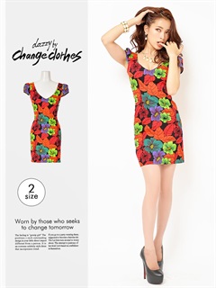 [S/Mサイズ]レトロVIVID×FLOWER袖付きVカットラインタイトミニドレス[change clothes][韓国ドレス]