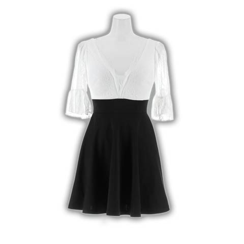 12/1新作!色気感じるVネック×シアーフラワーレースに体型カバーする五分袖Aラインミニ丈キャバドレス[SML/3サイズ展開](ホワイト×ブラック-Sサイズ)