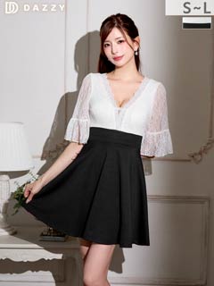 12/1新作!色気感じるVネック×シアーフラワーレースに体型カバーする五分袖Aラインミニ丈キャバドレス[SML/3サイズ展開]