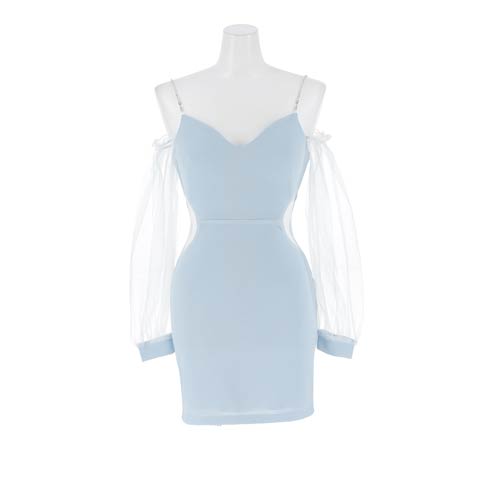 12/8新作!くびれ爆誕ウエストカット&チュールオフショルタイトミニ丈キャバドレス[SML/3サイズ展開](ブルー-Sサイズ)