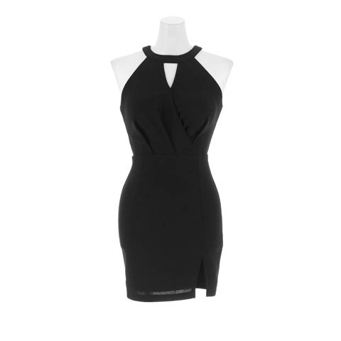 12/1新作!大人SEXYワンカラーアメスリデコルテホールスリットタイトミニ丈キャバドレス[SML/3サイズ展開](ブラック-Sサイズ)