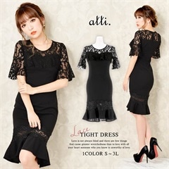 [S～3Lサイズ]ウエスト透け×レース袖マーメイドラインタイト膝丈ドレス[5サイズ展開]