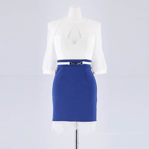 【応援ドレス】[MOARADY][SMLサイズ]シフォンスリーブタイトミニドレス[3サイズ展開](ホワイト×ブルー-Sサイズ)