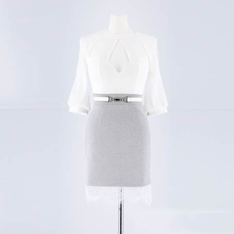 【応援ドレス】[MOARADY][SMLサイズ]シフォンスリーブタイトミニドレス[3サイズ展開](ホワイト×グレー-Sサイズ)