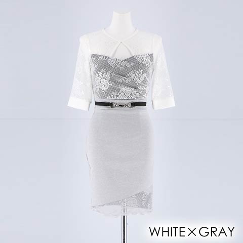 【応援ドレス】[MOARADY][SMLサイズ]5部袖シアータイトミニドレス[3サイズ展開](ホワイト×グレー-Sサイズ)