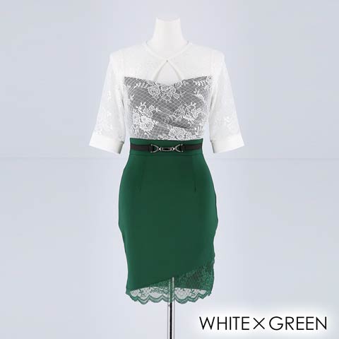 【応援ドレス】[MOARADY][SMLサイズ]5部袖シアータイトミニドレス[3サイズ展開](ホワイト×グリーン-Sサイズ)