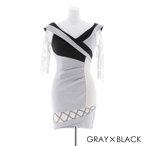 【応援ドレス】[MOARADY][SMLサイズ]カシュクール風オフショルタイトミニドレス[3サイズ展開](グレー×ブラック-Sサイズ)