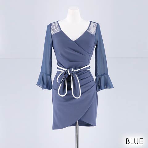 [SMLサイズ]袖付きカシュクールタイトミニドレス[3サイズ展開](ブルー-Sサイズ)