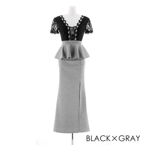[MOARADY][SMLサイズ]ラグジュアリーレースペプラムタイトロングドレス[3サイズ展開](ブラック×グレー-Sサイズ)