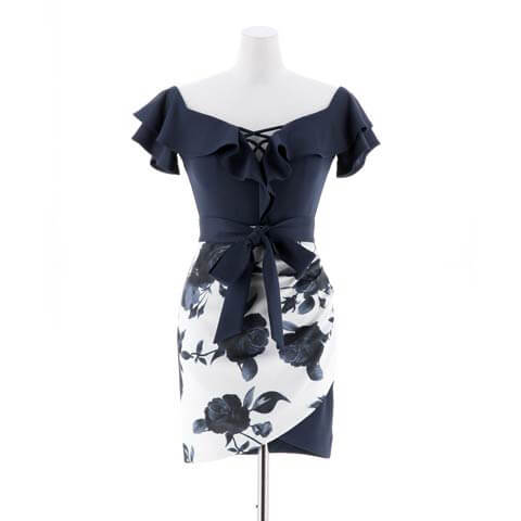 [MOARADY][Lサイズ]ローズ柄オフショルフリルタイトミニドレス[1サイズ展開](ブルー-Mサイズ)