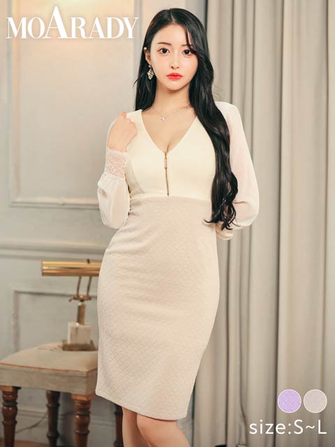 [MOARADY][姉ドレス][SMLサイズ]フロントジップVネックシフォンスリーブタイト膝丈キャバドレス[3サイズ展開]