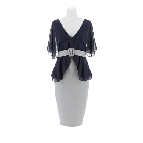 6/13新作![MOARADY][姉ドレス]Vネックシフォンベルトデザインペプラムタイト膝丈ドレス[SML/3サイズ展開](グレー-Sサイズ)