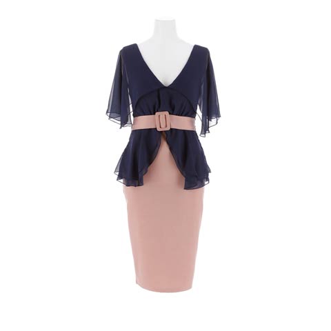 6/13新作![MOARADY][姉ドレス]Vネックシフォンベルトデザインペプラムタイト膝丈ドレス[SML/3サイズ展開](ピンク-Sサイズ)