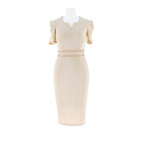 8/18新作![MOARADY][姉ドレス]Vカットチェーンビジューラメギャザー半袖タイト膝丈キャバドレス[SML/3サイズ展開](アイボリー-Sサイズ)