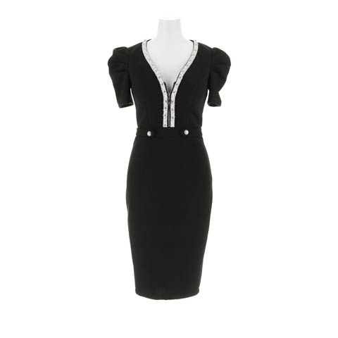 7/30新作![MOARADY][姉ドレス]ツイードビジュージップパフスリーブタイト膝丈キャバドレス[SML/3サイズ展開](ブラック-Sサイズ)