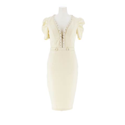 7/30新作![MOARADY][姉ドレス]ツイードビジュージップパフスリーブタイト膝丈キャバドレス[SML/3サイズ展開](アイボリー-Sサイズ)