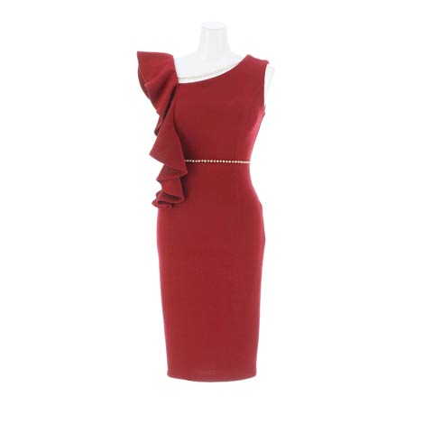 12/10新作!![MOARADY]【姉ドレス】ドレープフリルでアシメなデザインがPointのビジューライン膝丈キャバドレス[SML/3サイズ展開](ワインレッド-Sサイズ)