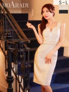 12/17新作![MOARADY][姉ドレス]輝くラメツイードSEXY胸元ジップノースリーブタイト膝丈キャバドレス[SML/3サイズ展開]