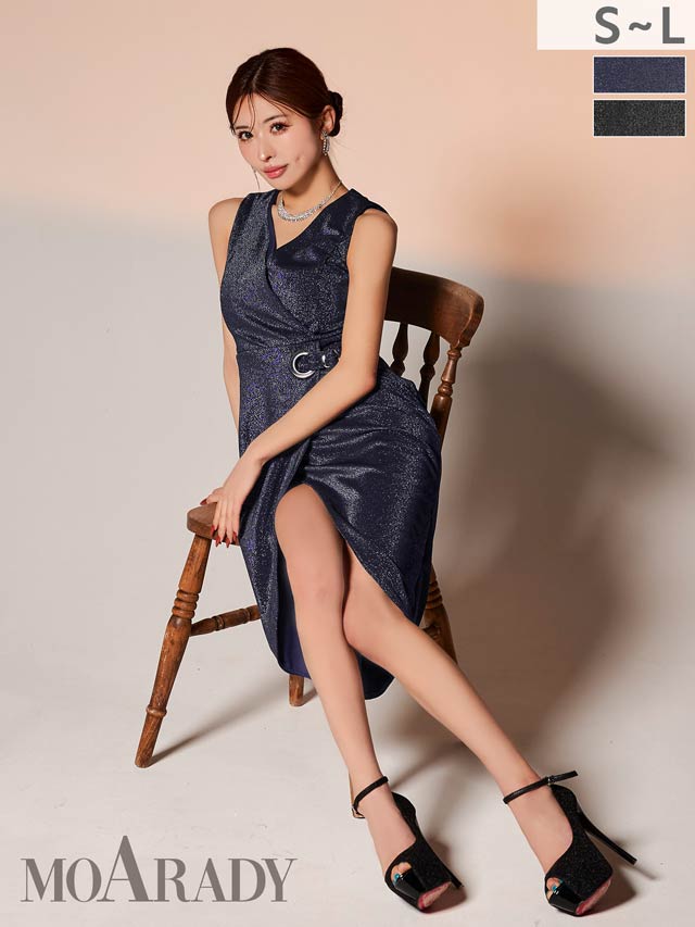 2/16新作![MOARADY][姉ドレス]大人の色気溢れるラメカシュクール×サイドリボンベルトのタイト膝丈キャバドレス[SML/3サイズ展開]