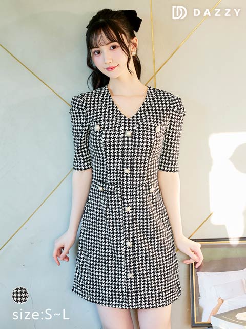 [SMLサイズ]千鳥格子Vネックパールボタンビジュー五分袖タイトミニ丈キャバドレス[3サイズ展開]