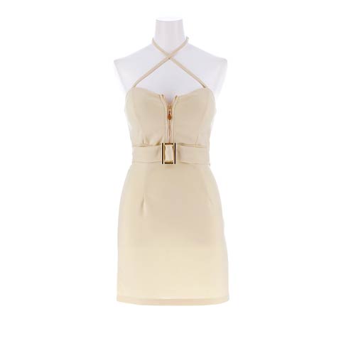 3/3再販!【新色クリーム追加】クロスホルタージップアップベルトモチーフタイトミニドレス[XS~L/4サイズ展開](クリーム-XSサイズ)