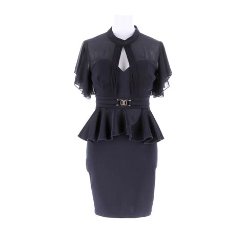 9/25再入荷!プリーツフリルシフォンフロントペプラムフレア袖タイトミニドレス[SML/3サイズ展開](ネイビー-Sサイズ)