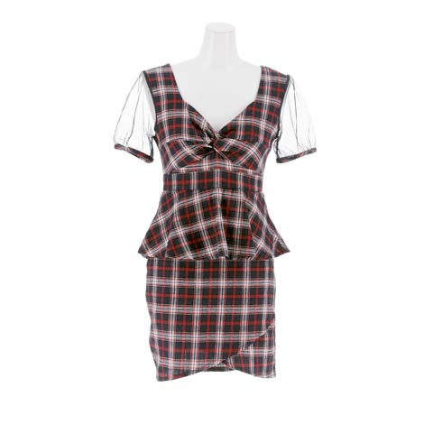 11/14新作![伊藤桃々着用]クリスマス風チェック柄ペプラム半袖ミニ丈キャバドレス[SML/3サイズ展開](レッド-Sサイズ)