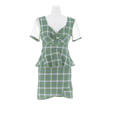 11/14新作![伊藤桃々着用]クリスマス風チェック柄ペプラム半袖ミニ丈キャバドレス[SML/3サイズ展開](グリーン-Sサイズ)