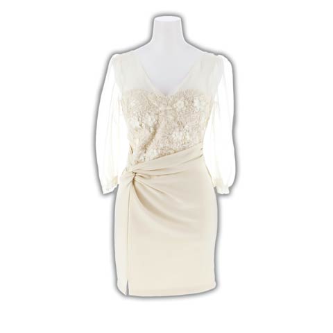 3/4新作!二の腕隠せるシフォン袖×フラワーレースが華やかなサイドツイストタイトミニ丈キャバドレス[SML/3サイズ展開](アイボリー-Sサイズ)