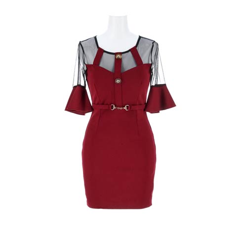 4/20新作![伊藤桃々着用]シアーで大人SEXYに肌魅せベルトモチーフタイトミニ丈キャバドレス[SML/3サイズ展開](ワインレッド-Sサイズ)