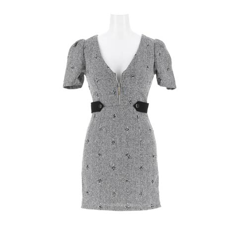 4/20新作!モノトーンツイードが大人COOL！谷間ジップタイトミニ丈キャバドレス[SML/3サイズ展開](グレー-Sサイズ)