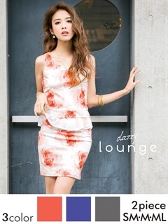 [SM～MLサイズ][2ピース]水彩ローズ柄ペプラムタイトミニドレス[3サイズ展開]