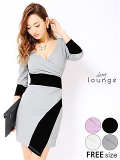 バイカラー巻きスカート風七分袖付きタイトミニドレス