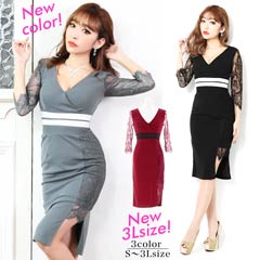 [S～3Lサイズ]バイカラー7分レース袖タイトミニドレス[5サイズ展開]