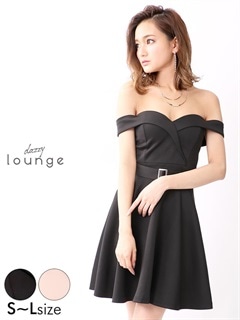 [SMLサイズ]ベルト付オフショルワンカラーAラインミニドレス[3サイズ展開]