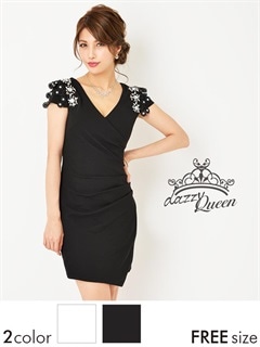 ショルダービジューサイドギャザータイトミニドレス