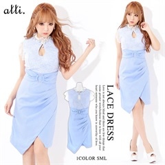 [SMLサイズ]ビジューブローチ付きクラシカルコードレースタイトミニドレス[3サイズ展開]