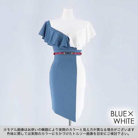 [MOARADY][SMLサイズ]フリルアシメスカートタイトミニドレス[3サイズ展開](ブルー×ホワイト-S)