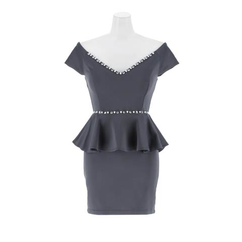 12/17新作!えちえちVネックに輝くラインストーン×ペプラムでお腹カバーするオフショルミニ丈キャバドレス[SML/3サイズ展開](グレー-Sサイズ)