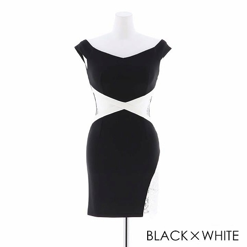 [S～LLサイズ]ウエストレースバイカラーオフショルタイトミニドレス[4サイズ展開](ブラック×ホワイト-Sサイズ)