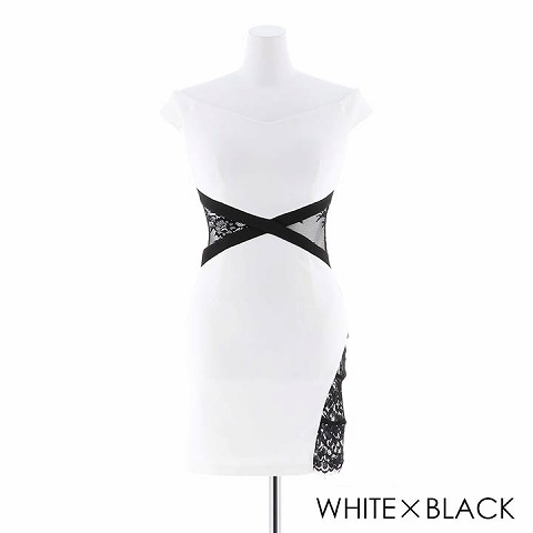 [S～LLサイズ]ウエストレースバイカラーオフショルタイトミニドレス[4サイズ展開](ホワイト×ブラック-Sサイズ)