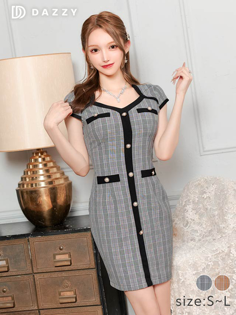 パールボタンチェック柄フロントライン半袖タイトミニ丈キャバドレス[SML/3サイズ展開]