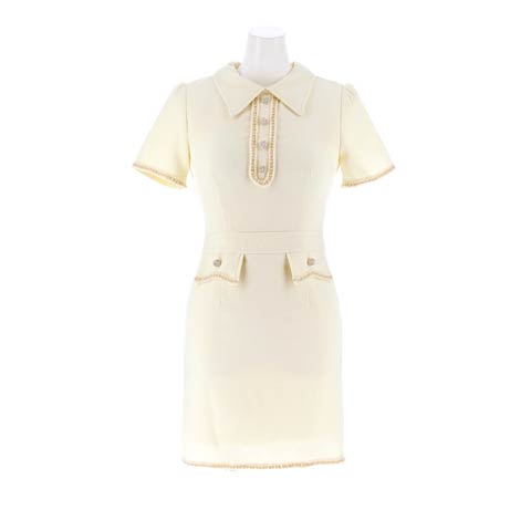 10/6新作!襟付きフロントボタンパールビジュー半袖タイトミニ丈キャバドレス[SML/3サイズ展開](アイボリー-Sサイズ)