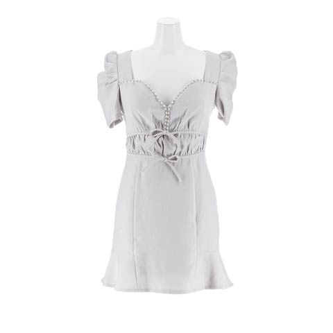 10/3新作!【谷間魅せ】パールビジューウエストリボン半袖マーメイドミニ丈キャバドレス[SML/3サイズ展開]*(ライトグレー-Sサイズ)