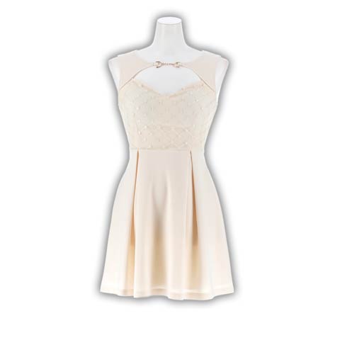 1/16新作!フラワー格子刺繍が清楚感！谷間ビジューホールプリーツAラインミニ丈キャバドレス[SML/3サイズ展開](アイボリー-Sサイズ)