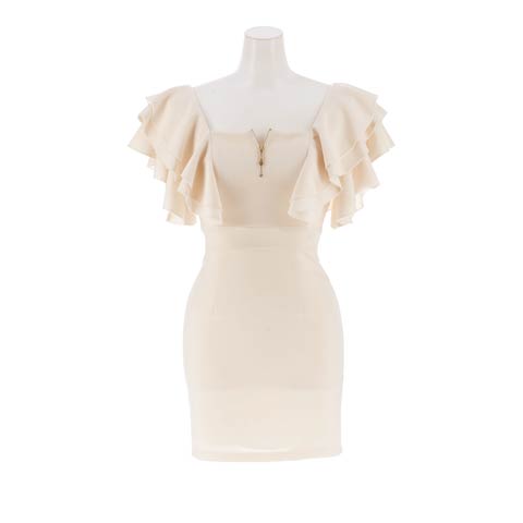 1/23新作!上品ワンカラー◎谷間ジップフリルオフショルタイトミニ丈キャバドレス[SML/3サイズ展開](アイボリー-Sサイズ)