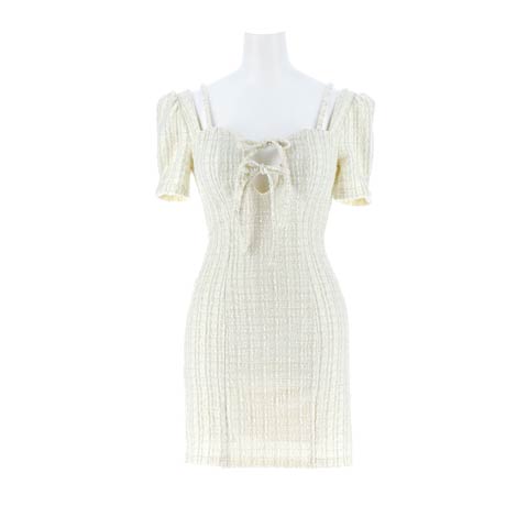 4/20新作!リボン×谷間ホールがあざとCUTE♡ラメツイードVカットタイトミニ丈キャバドレス[SML/3サイズ展開](アイボリー-Sサイズ)