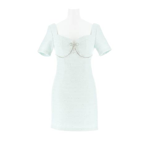 4/17新作!ビジューリボンが目を惹く高級感半袖×バスト強調ビジューのツイードタイトミニ丈キャバドレス[SML/3サイズ展開](ブルーグレー-Sサイズ)