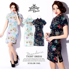 [SMLサイズ]リーフ柄チャイナ風タイトミニドレス[3サイズ展開]