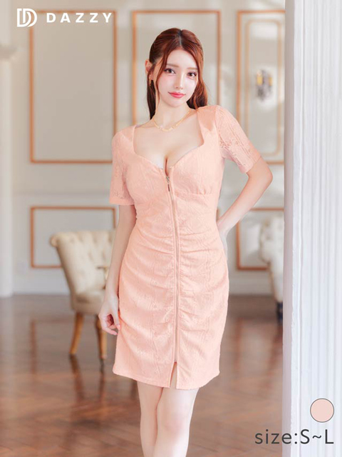 7/14新作!総レースフロントジップシアー半袖タイトミニ丈キャバドレス[SML/3サイズ展開]